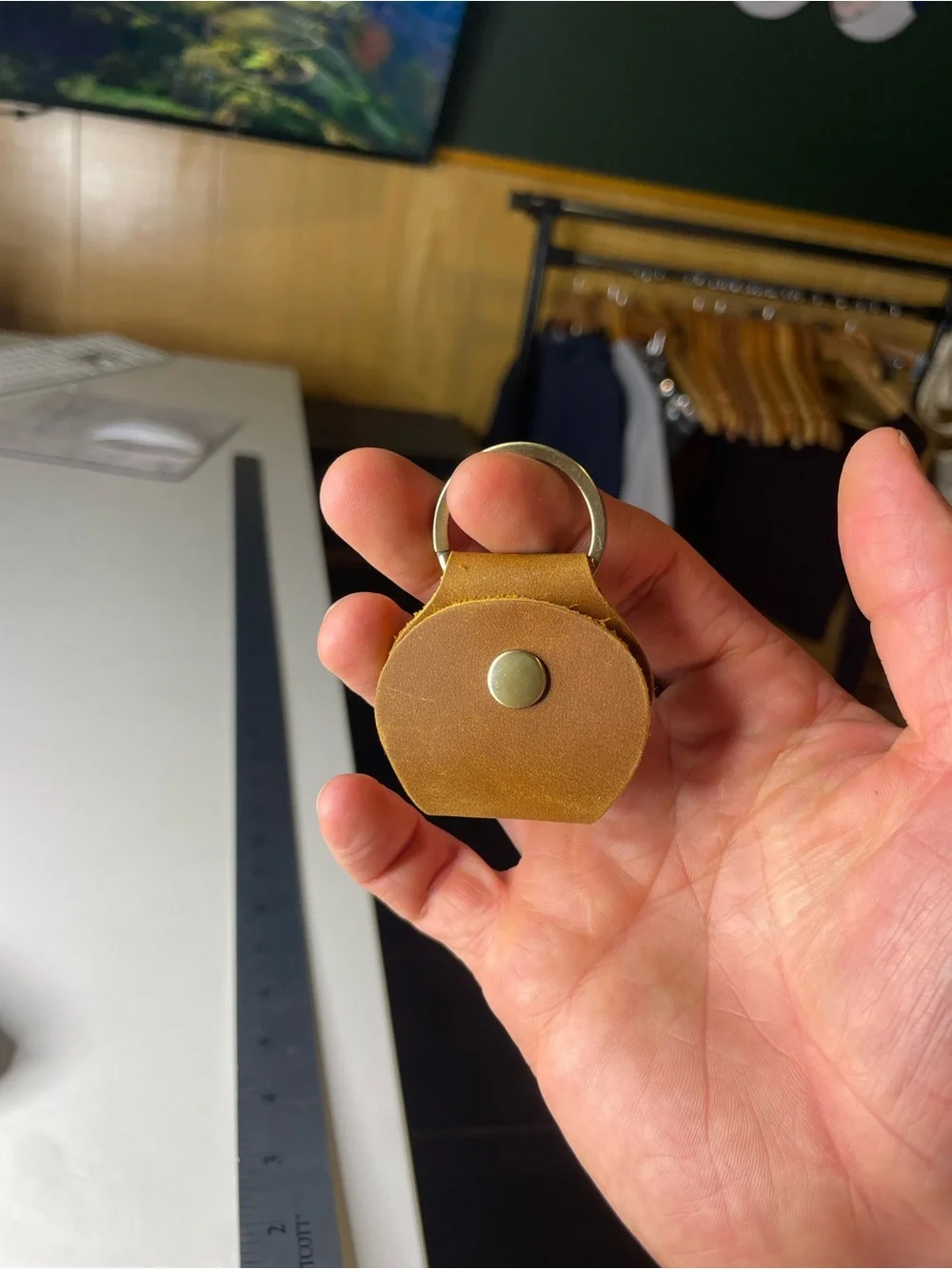 Minimal Leather Keyring Pouch - Tan AirTag / coin holder